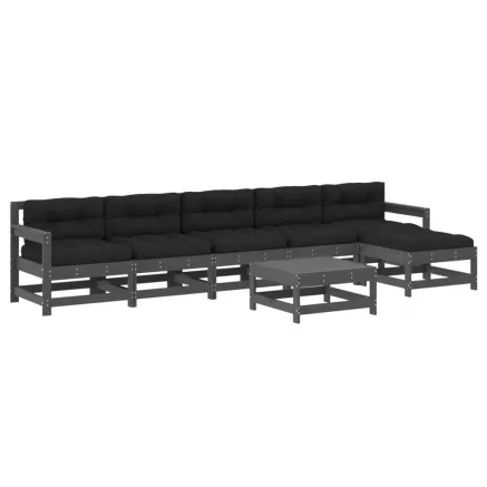 Salon de jardin 7 pcs avec coussins gris bois massif 2