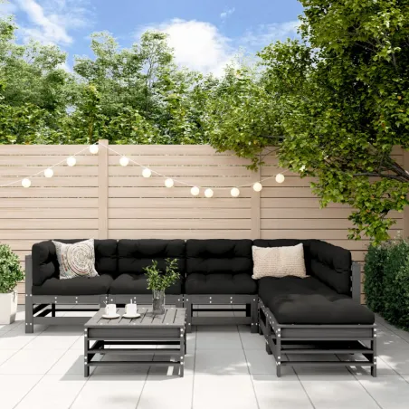 Salon de jardin 7 pcs avec coussins gris bois massif