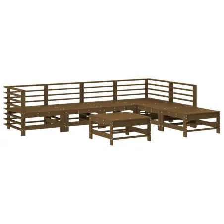 Salon de jardin 7 pcs avec coussins marron miel bois massif