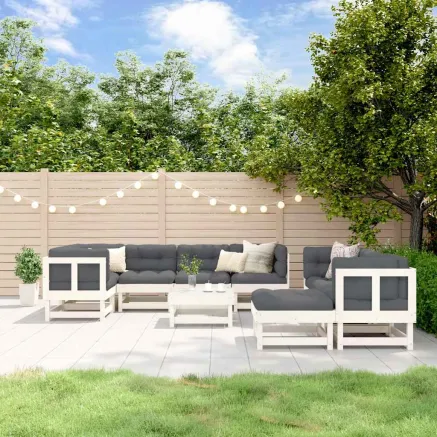 Salon de jardin 10 pcs avec coussins blanc bois massif