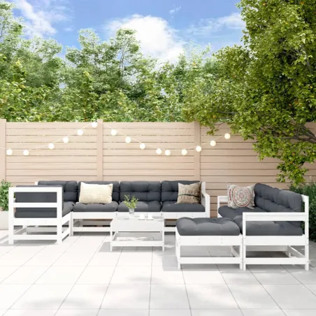 Salon de jardin 10 pcs avec coussins blanc bois massif