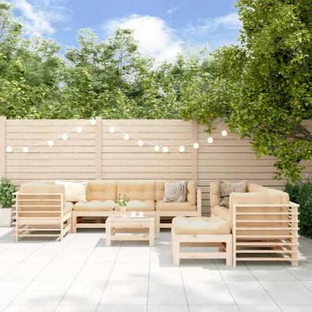 Salon de jardin 10 pcs avec coussins bois massif