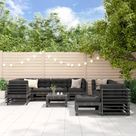 Salon de jardin 10 pcs avec coussins gris bois massif