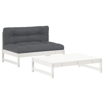Salon de jardin 2 pcs avec coussins blanc bois massif 2