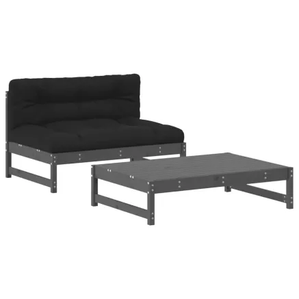 Salon de jardin 2 pcs avec coussins gris bois massif 2