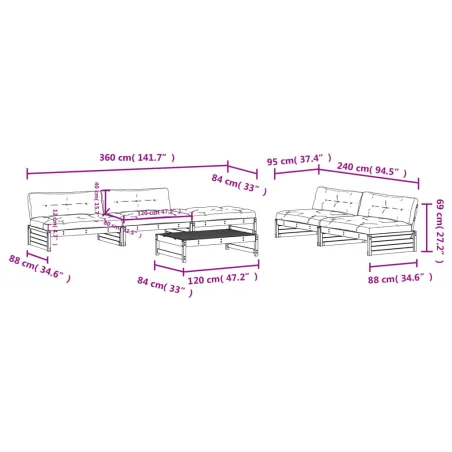 Salon de jardin 6 pcs avec coussins bois massif