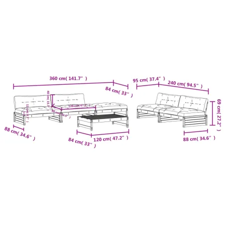 Salon de jardin 6 pcs avec coussins bois de pin imprégné