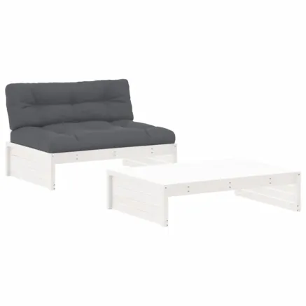 Salon de jardin 2 pcs avec coussins blanc bois massif 2