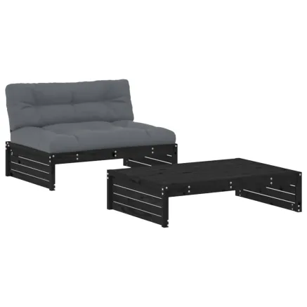 Salon de jardin 2 pcs avec coussins noir bois massif 2