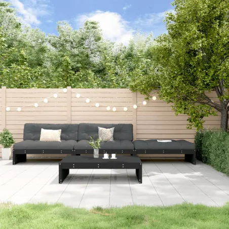 Salon de jardin 4 pcs avec coussins noir bois massif