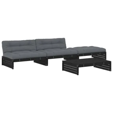 Salon de jardin 4 pcs avec coussins noir bois massif 2