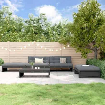 Salon de jardin 5 pcs avec coussins noir bois massif