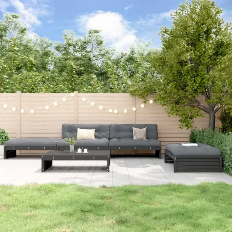 Salon de jardin 5 pcs avec coussins noir bois massif