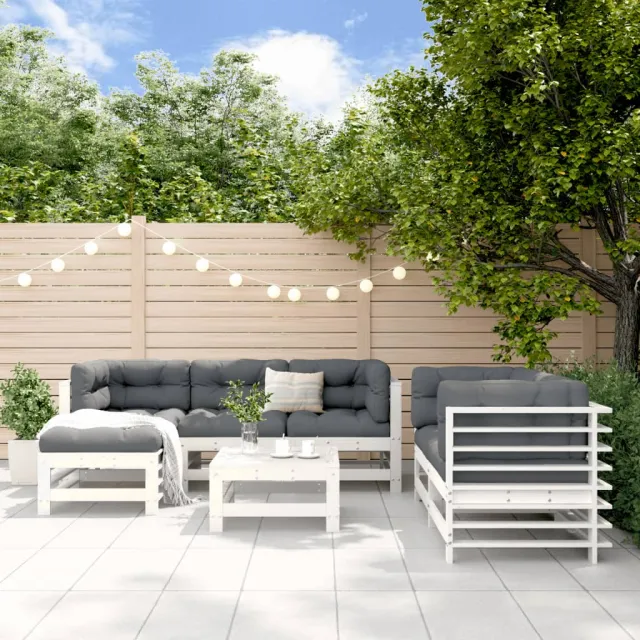 Salon de jardin 7 pcs Blanc Bois de pin massif