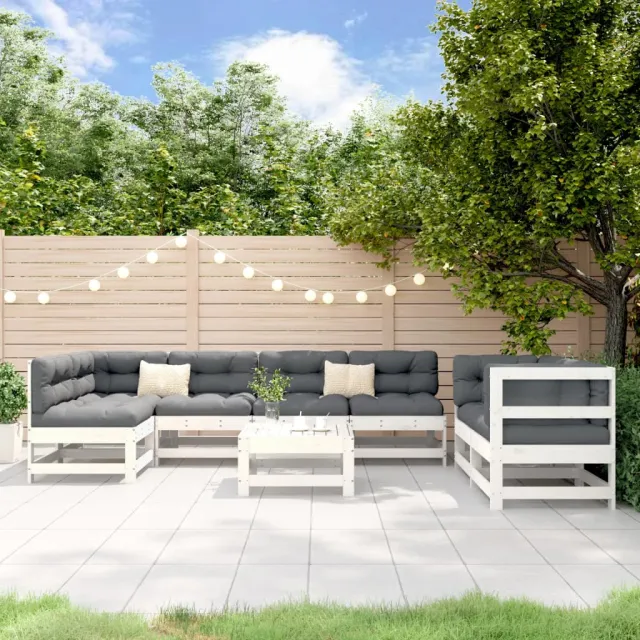 Salon de jardin 8 pcs Blanc Bois de pin massif