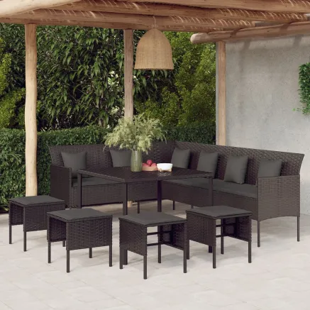 Ensemble à manger de jardin coussins 6pcs noir résine tressée