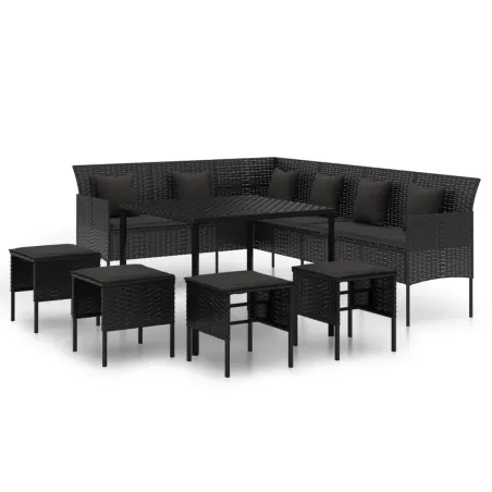 Ensemble à manger de jardin coussins 6pcs noir résine tressée