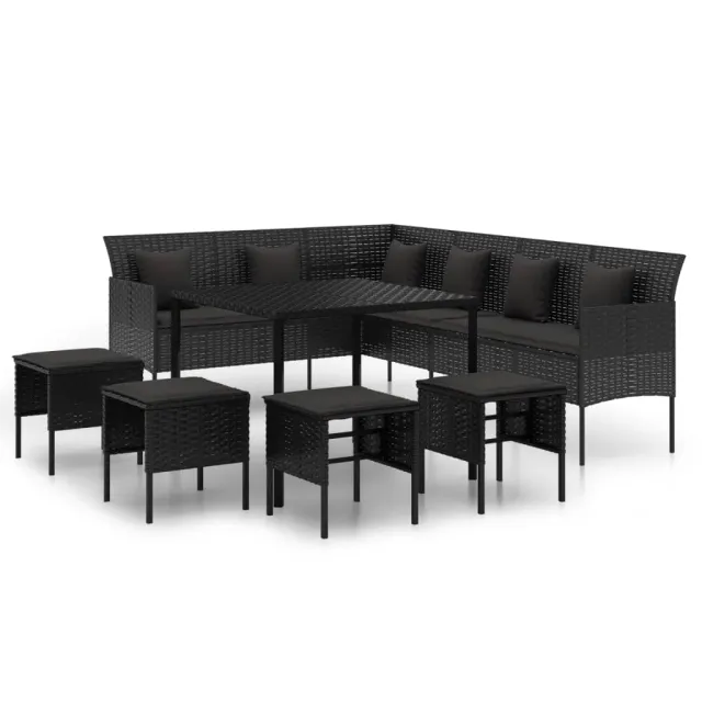 Ensemble à manger de jardin coussins 6pcs noir résine tressée