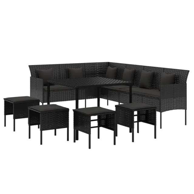 Ensemble à manger de jardin coussins 6pcs noir résine tressée