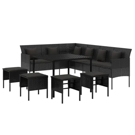 Ensemble à manger de jardin coussins 6pcs noir résine tressée