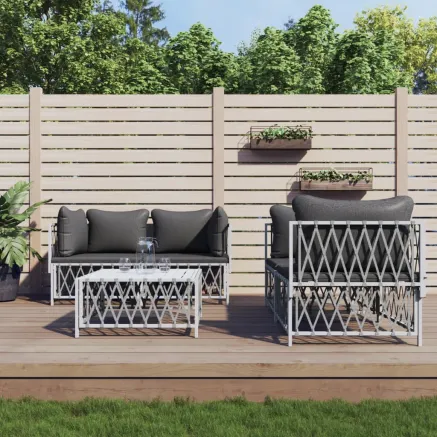 Salon de jardin avec coussins 5 pcs blanc acier