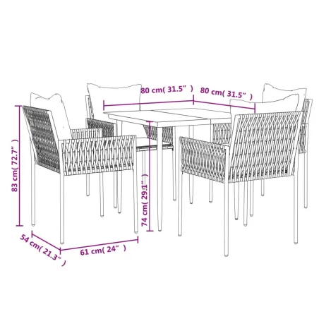 Ensemble à manger de jardin 5 pcs coussins résine tressée acier