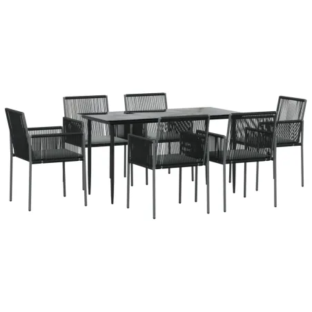 Ensemble à manger de jardin coussins 7 pcs noir rotin et acier
