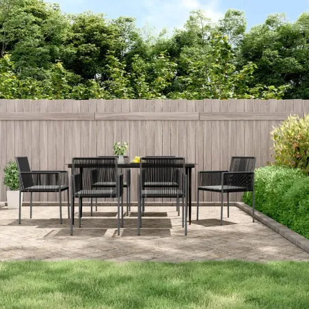 Ensemble à manger de jardin coussins 7 pcs noir rotin et acier