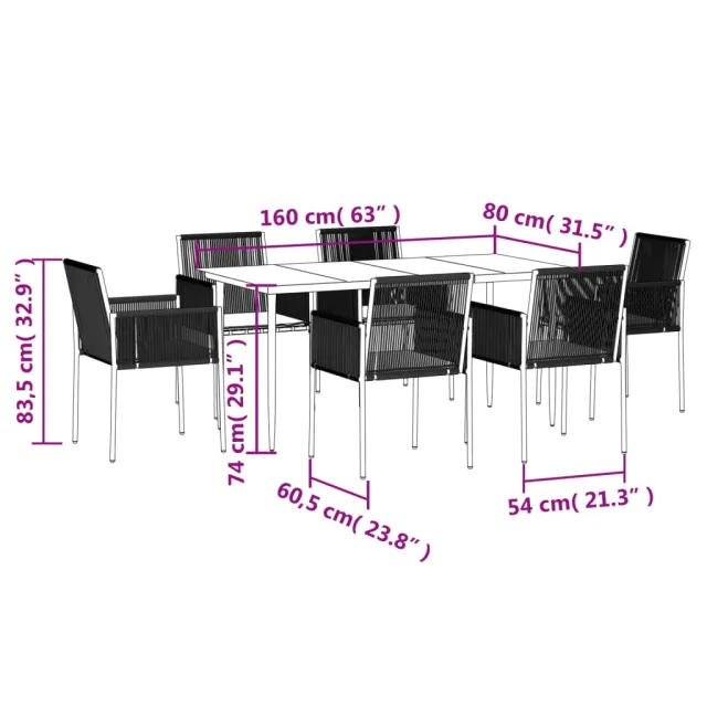 Ensemble à manger de jardin coussins 7 pcs noir rotin et acier