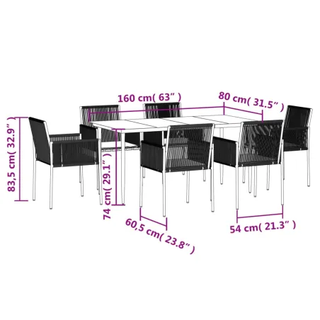 Ensemble à manger de jardin coussins 7 pcs noir rotin et acier