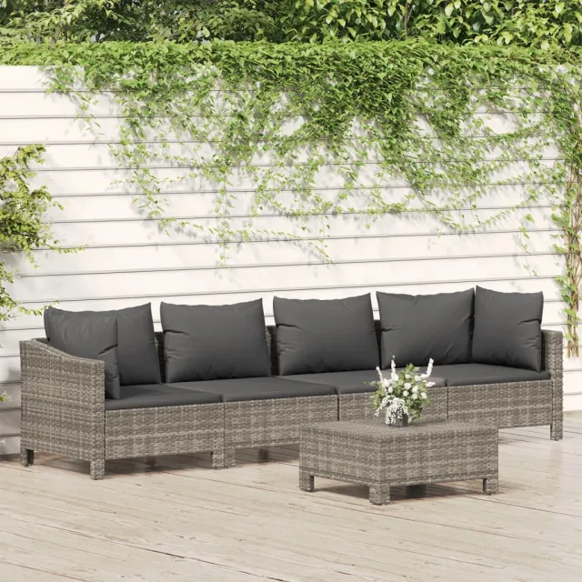 Salon de jardin 5 pcs avec coussins Gris Résine tressée