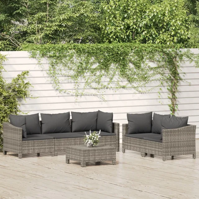 Salon de jardin 6 pcs avec coussins Gris Résine tressée