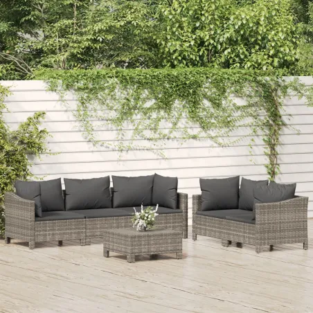Salon de jardin 6 pcs avec coussins Gris Résine tressée