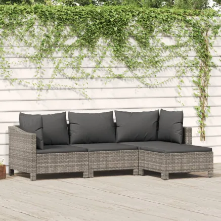 Salon de jardin 4 pcs avec coussins Gris Résine tressée