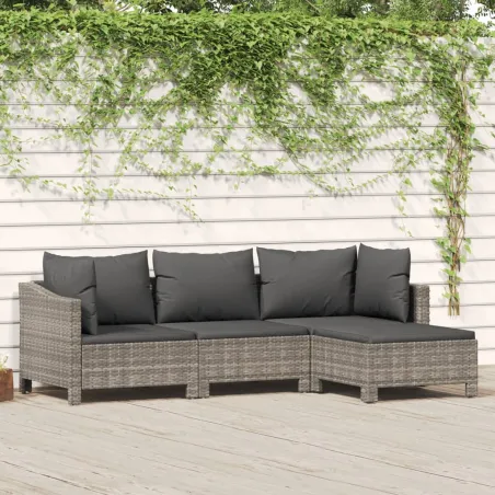 Salon de jardin 4 pcs avec coussins Gris Résine tressée