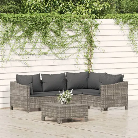 Salon de jardin 5 pcs avec coussins Gris Résine tressée