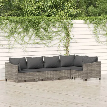 Salon de jardin 5 pcs avec coussins Gris Résine tressée