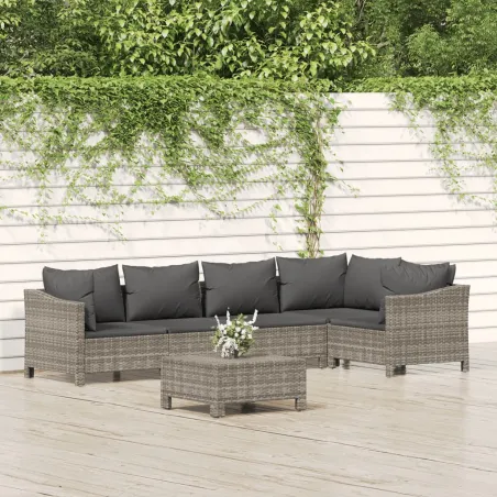 Salon de jardin 6 pcs avec coussins Gris Résine tressée