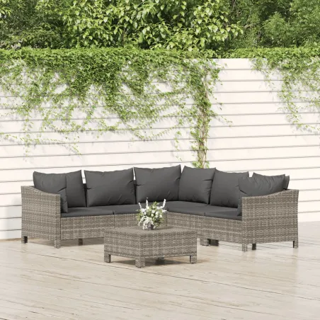 Salon de jardin 6 pcs avec coussins Gris Résine tressée