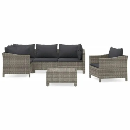 Salon de jardin 6 pcs avec coussins Gris Résine tressée