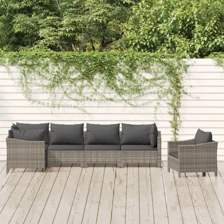 Salon de jardin 6 pcs avec coussins Gris Résine tressée