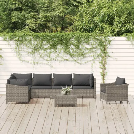 Salon de jardin 8 pcs avec coussins Gris Résine tressée