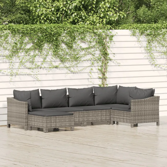 Salon de jardin 6 pcs avec coussins Gris Résine tressée