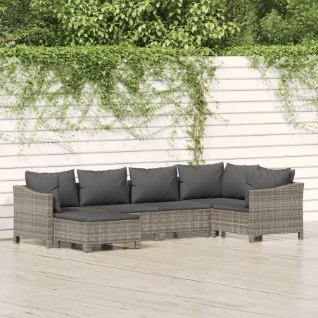 Salon de jardin 6 pcs avec coussins Gris Résine tressée