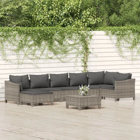 Salon de jardin 8 pcs avec coussins Gris Résine tressée