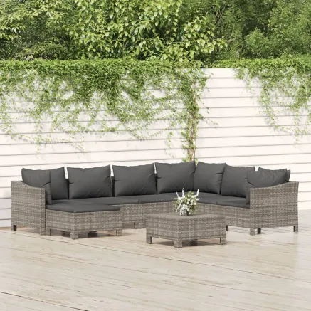 Salon de jardin 8 pcs avec coussins Gris Résine tressée