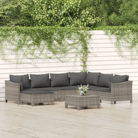 Salon de jardin 8 pcs avec coussins Gris Résine tressée