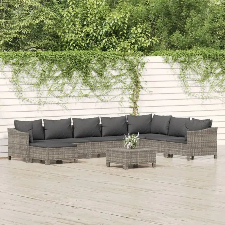 Salon de jardin 9 pcs avec coussins Gris Résine tressée