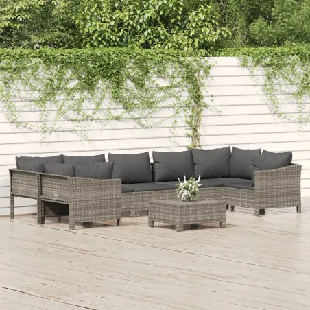 Salon de jardin 8 pcs avec coussins Gris Résine tressée