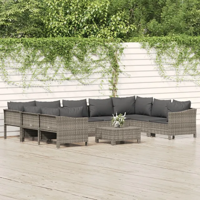 Salon de jardin 10 pcs avec coussins Gris Résine tressée